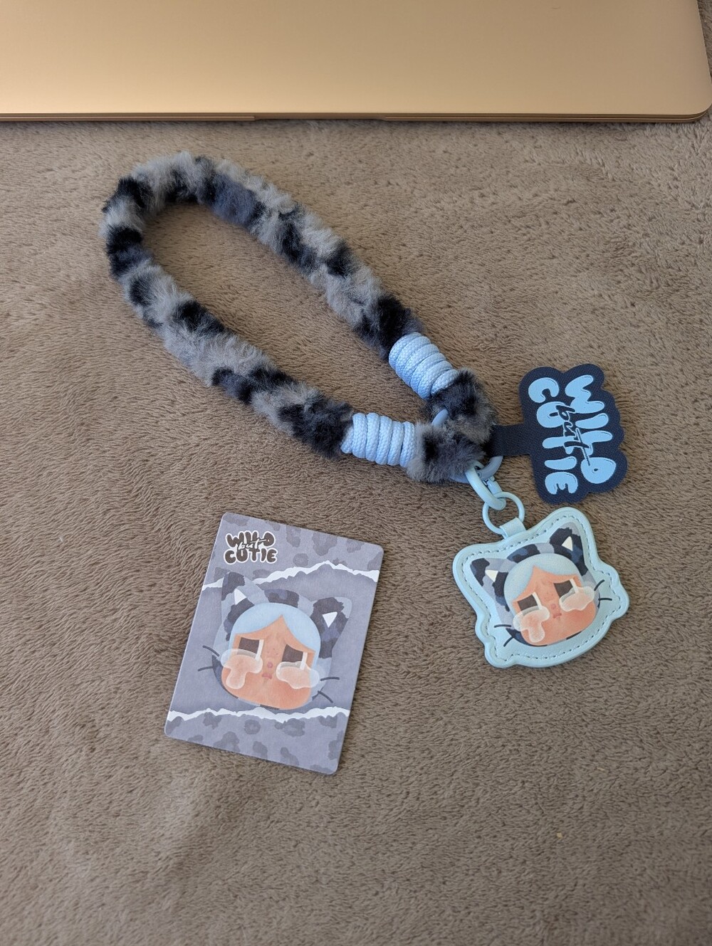 Wild Cutie Leopard Print Fuzzy Lanyard with Blue Cat Charm
